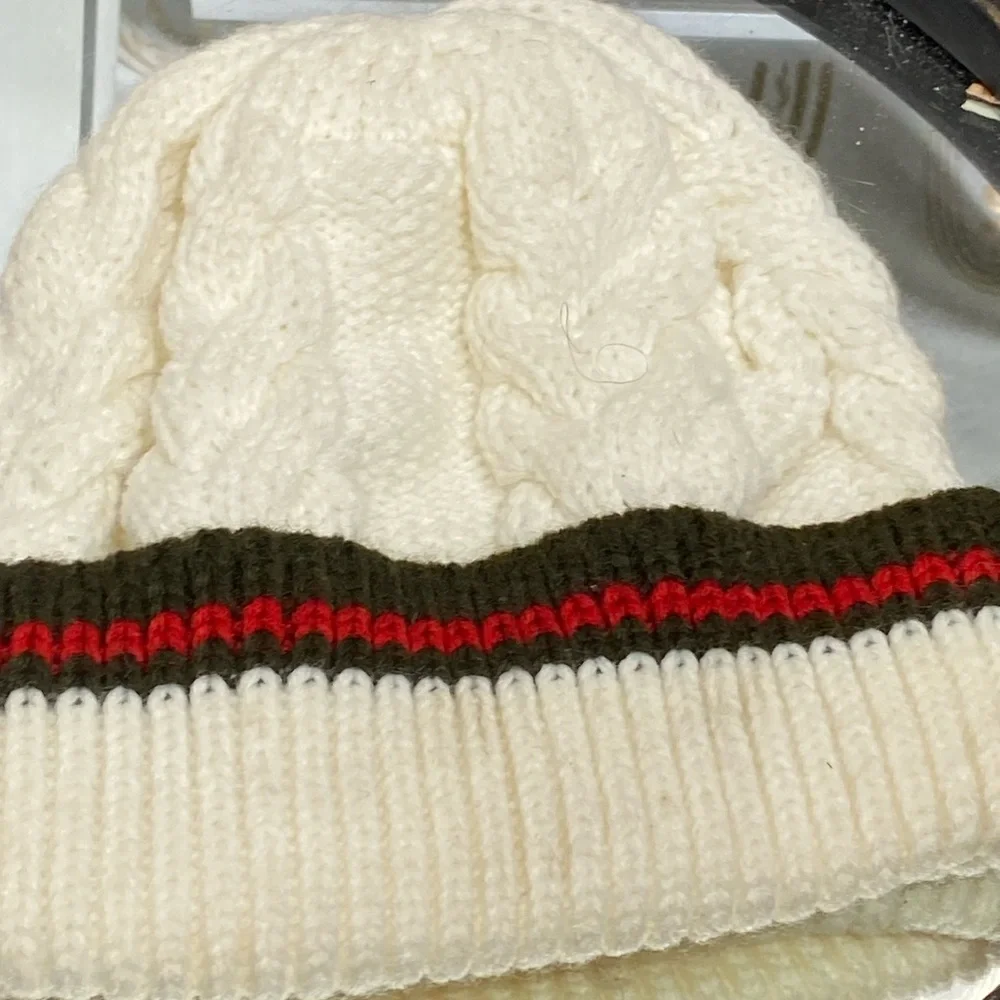 Cream Knit Beanie with Green and Red Stripe
